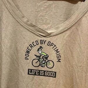 Life is good V-neck top powered by optimism biking athletic shirt size Large